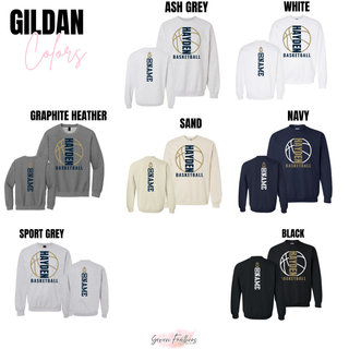Gildan color options featuring the Hayden Wildcats Full Court basketball design on crewneck sweatshirts.