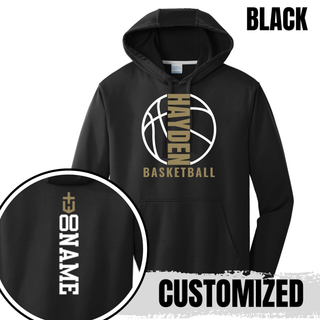 Black Hayden Wildcats Full Court performance hoodie mockup with a basketball outline and an example of optional back name placement.