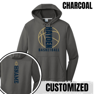 Charcoal Hayden Wildcats Full Court performance hoodie mockup with a basketball outline and an example of optional back name placement.