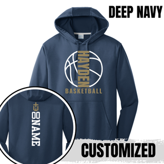 Deep Navy Hayden Wildcats Full Court performance hoodie mockup with a basketball outline and an example of optional back name placement.