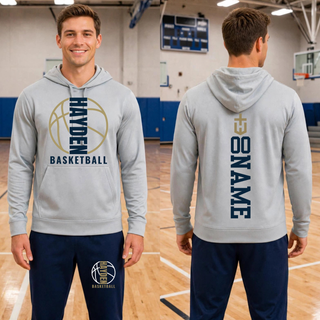Front and back mockup of the Hayden Wildcats Full Court performance hoodie in light gray, featuring vertical Hayden lettering inside a basketball outline and an example of optional back name placement.