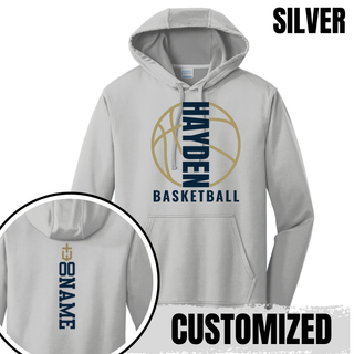 Silver Hayden Wildcats Full Court performance hoodie mockup with a basketball outline and an example of optional back name placement.