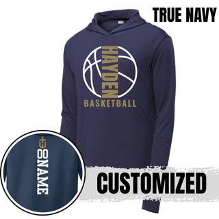 True Navy Hayden Wildcats Full Court PosiCharge hooded pullover mockup showing the optional vertical back name placement.