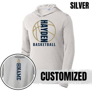 Silver Hayden Wildcats Full Court PosiCharge hooded pullover with a basketball outline graphic and optional back name placement.