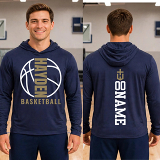 Front and back mockup of the Hayden Wildcats Full Court PosiCharge hooded pullover in True Navy, with vertical Hayden lettering inside a basketball outline and optional back name placement.