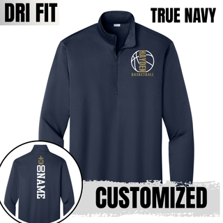 True Navy Hayden Wildcats Full Court PosiCharge quarter-zip mockup showing the optional vertical back name placement.