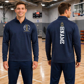 Front and back mockup of a True Navy Hayden Wildcats Full Court PosiCharge quarter-zip with a small left-chest basketball graphic and optional vertical back name placement.