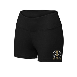 Black women's interval performance shorts with the Hayden Wildcats Full Court basketball outline and vertical lettering graphic near the hem.
