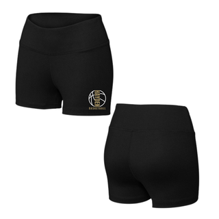 Front and back views of black women's interval performance shorts featuring the Hayden Wildcats Full Court basketball graphic on the front leg.