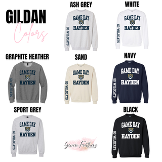 Hayden Wildcats Game Day Sleeve Print Top Gildan color options: Ash Grey, White, Graphite Heather, Sand, Navy, Sport Grey, Black