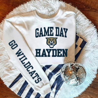 Hayden Wildcats Game Day Sleeve Print Top featuring an arched GAME DAY wordmark over a wildcat mascot head icon and HAYDEN lettering on the front with a GO WILDCATS print down the sleeve
