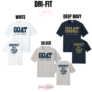 Hayden Wildcats GOAT Respect All Fear None dri-fit performance top colors in white, deep navy, and silver
