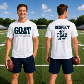 Man wearing white Hayden Wildcats GOAT God Over All Things dri-fit performance top with Respect All Fear None on back
