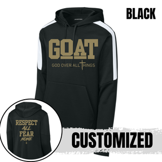Hayden Wildcats GOAT Respect All Fear None fan favorite hoodie in black and white with front and back design detail
