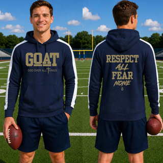 Man wearing navy and white Hayden Wildcats GOAT God Over All Things fan favorite hoodie with Respect All Fear None on back
