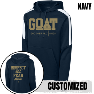 Hayden Wildcats GOAT Respect All Fear None fan favorite hoodie in navy and white with front and back design detail
