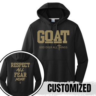 Hayden Wildcats GOAT Respect All Fear None performance hoodie in black with front and back design detail
