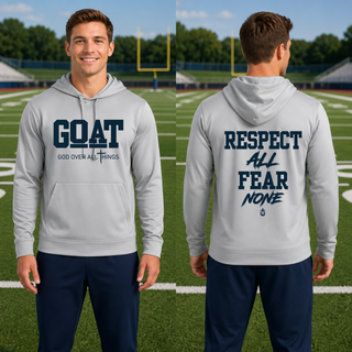 Man wearing grey Hayden Wildcats GOAT God Over All Things performance hoodie with Respect All Fear None on back
