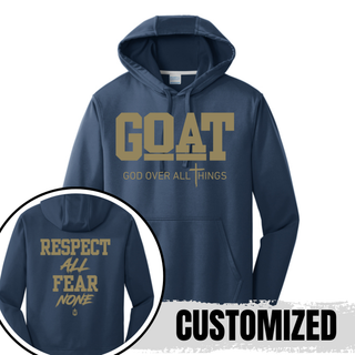 Hayden Wildcats GOAT Respect All Fear None performance hoodie in navy with front and back design detail
