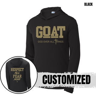 Hayden Wildcats GOAT Respect All Fear None PosiCharge Competitor hoodie in black with front and back design detail
