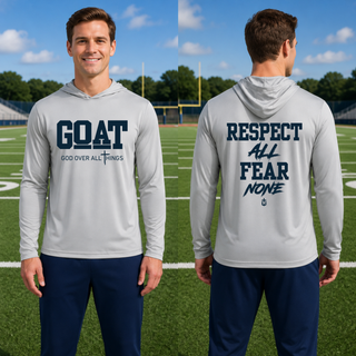 Man wearing silver Hayden Wildcats GOAT God Over All Things PosiCharge Competitor hoodie with Respect All Fear None on back
