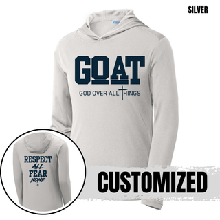 Hayden Wildcats GOAT Respect All Fear None PosiCharge Competitor hoodie in silver with front and back design detail
