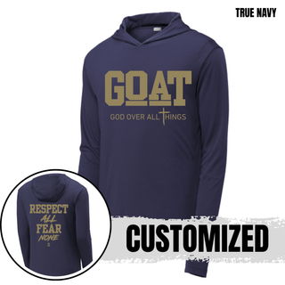 Hayden Wildcats GOAT Respect All Fear None PosiCharge Competitor hoodie in true navy with front and back design detail
