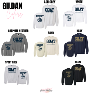 Hayden Wildcats GOAT Respect All Fear None Gildan crewneck sweatshirt colors in ash grey, white, graphite heather, sand, navy, sport grey, and black
