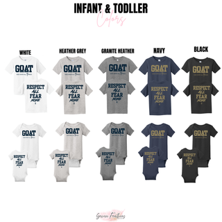 Hayden Wildcats GOAT Respect All Fear None infant and toddler color options in white, heather grey, granite heather, navy, and black
