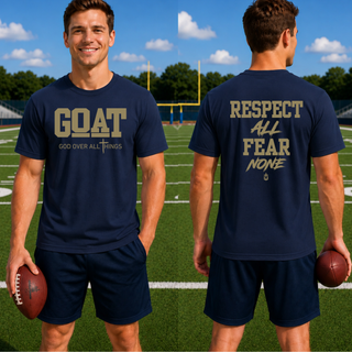 Man wearing navy Hayden Wildcats GOAT God Over All Things top with Respect All Fear None design on the back
