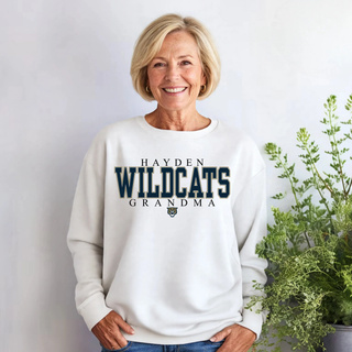 Woman wearing white Hayden Wildcats Grandma crewneck sweatshirt
