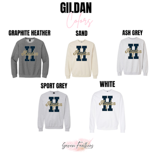 Hayden Wildcats H Pride Graphic Top Gildan colors in graphite heather, sand, ash grey, sport grey, and white crewneck

