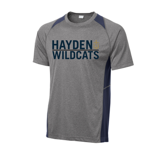 Hayden Wildcats Legendary Colorblock Contender Dri-Fit Performance Top in grey with navy contrast panels and Hayden Wildcats graphic on front
