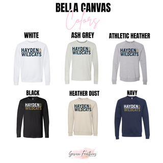 Hayden Wildcats Legendary Graphic Top Bella Canvas colors in white, ash grey, athletic heather, black, heather dust, and navy crewneck
