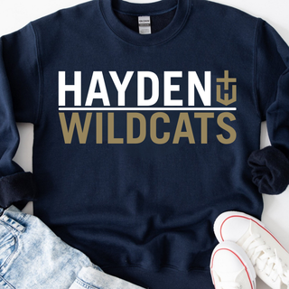 Hayden Wildcats Legendary Graphic Top in navy crewneck styled with jeans and white sneakers
