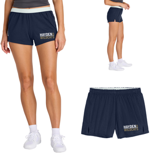 Hayden Wildcats Legendary Jersey Knit Squad Shorts in navy with Hayden Wildcats graphic on left leg shown front, side, and flat lay
