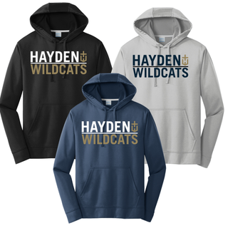 Hayden Wildcats Legendary Performance Hoodie in black, silver, and navy with Hayden Wildcats graphic on front

