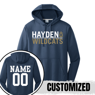 Hayden Wildcats Legendary Performance Hoodie in navy with customized name and number on back
