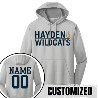 Hayden Wildcats Legendary Performance Hoodie in silver with customized name and number on back
