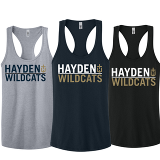 Hayden Wildcats Legendary Women's Racerback Tank in heather grey, midnight navy, and black with Hayden Wildcats graphic on front
