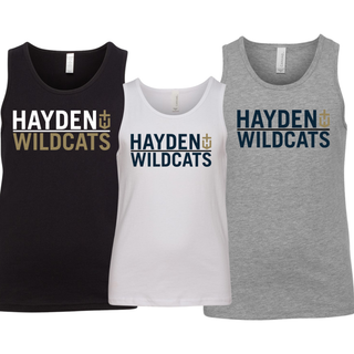 Hayden Wildcats Legendary Youth Jersey Tank in black, white, and athletic heather with Hayden Wildcats graphic on front
