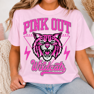 Model wearing a pink Hayden Wildcats Pink Out top with a wildcat head graphic and Wildcats script