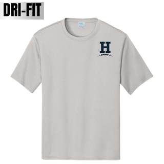 Silver dri-fit performance tee with Hayden Wildcats Pocket H Football design featuring left chest H logo with football laces detail
