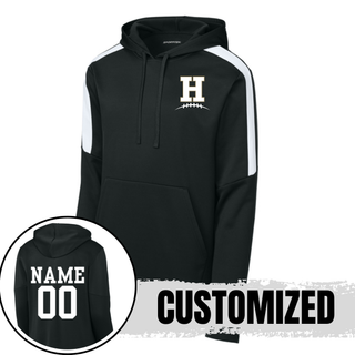 Black Hayden Wildcats Pocket H Football Fan Favorite Hoodie showing front left chest design and back customization option with player name and number

