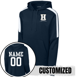 Navy Hayden Wildcats Pocket H Football Fan Favorite Hoodie showing front left chest design and back customization option with player name and number
