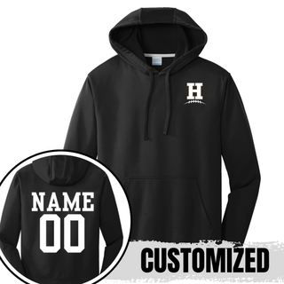 Black Hayden Wildcats Pocket H Football Performance Hoodie showing front left chest design and back customization option with player name and number
