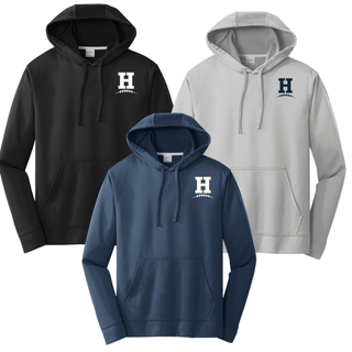 Hayden Wildcats Pocket H Football Performance Hoodie in black, navy, and silver featuring left chest H logo with football laces detail

