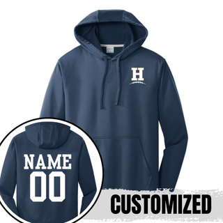 Navy Hayden Wildcats Pocket H Football Performance Hoodie showing front left chest design and back customization option with player name and number
