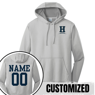 Silver Hayden Wildcats Pocket H Football Performance Hoodie showing front left chest design and back customization option with player name and number
