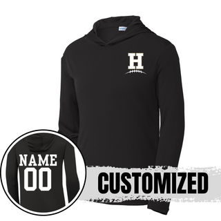 Black Hayden Wildcats Pocket H Football PosiCharge Competitor Hoodie showing front left chest design and back customization option with player name and number
